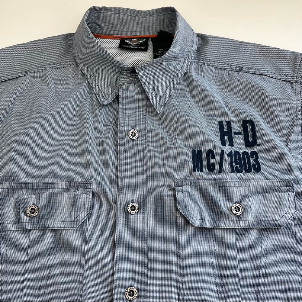 Harley Davidson Motorcycle Men’s Blue Short Sleeve Vented back Button Down large